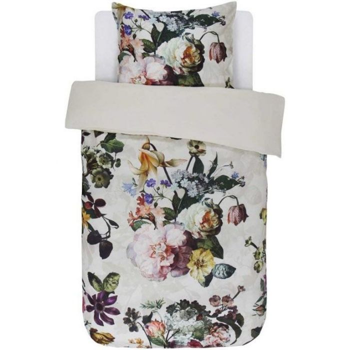 Blomstret Sengetøj 140x220 Cm Fleur Ecru Vendbar Sengesæt 100 Bomuldssatin Essenza Sengetøj