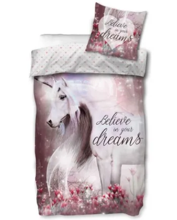Enhjørning Sengetøj 140x200 Cm Believe In Your Dreams Vendbart Design Med Unicorn Dynebetræk  100  Bomulds Sengesæt