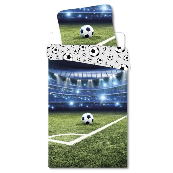 Fodbold Sengetøj 140x200 Cm Stadion Og Fodbold Motiv Dynebetræk Med Vendbart Design 100 Bomulds Sengesæt