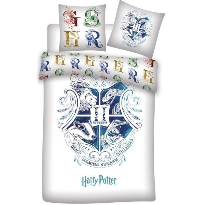 Harry Potter Sengetøj 140x200 Cm Blåt Hogwarts Våbenskjold Vendbart Dynebetræk 100 Bomulds Sengesæt
