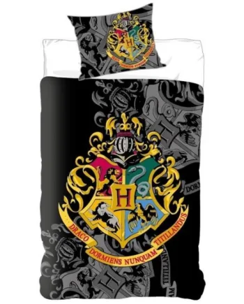 Harry Potter Sengetøj 140x200 Cm Guldfarvet Hogwarts Våbenskjold       Design 100  Bomulds Sengesæt