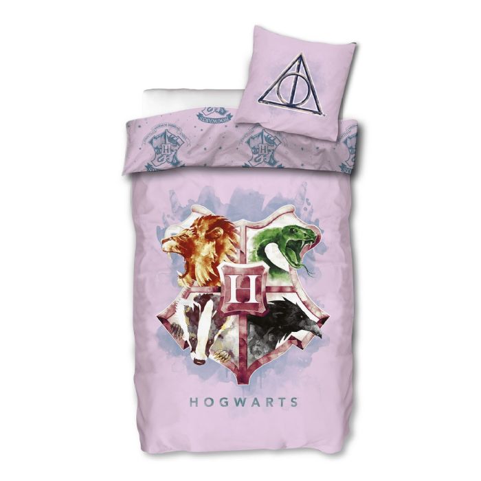 Harry Potter Sengetøj 140x200 Cm Lyserødt Med Hogwarts Skjold Dynebetræk Med Design 100 Bomuld