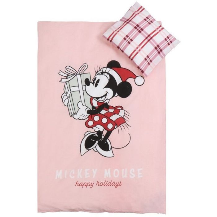 Julesengetøj Junior 100x140cm 100 Blødt Bomuld Minnie Mouse Med Julegave Og Nissehue