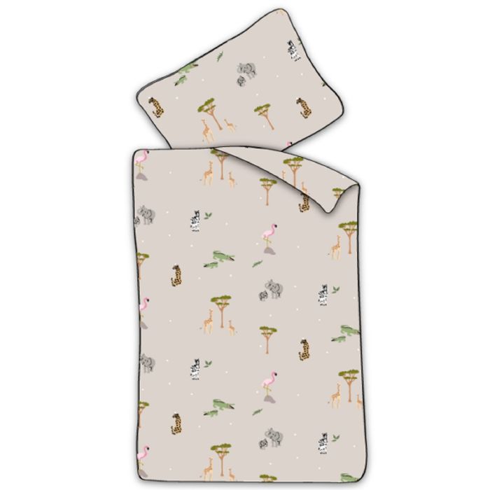 Junior Sengetøj 100x140 Cm Beige Sengesæt Med Safari Dyr 100  Blødt Bomulds Sengelinned