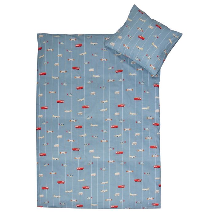 Junior Sengetøj 100  Blødt Bomuld 115x135 Cm Blåt Sengesæt Til Børn Med Biler Og Fly