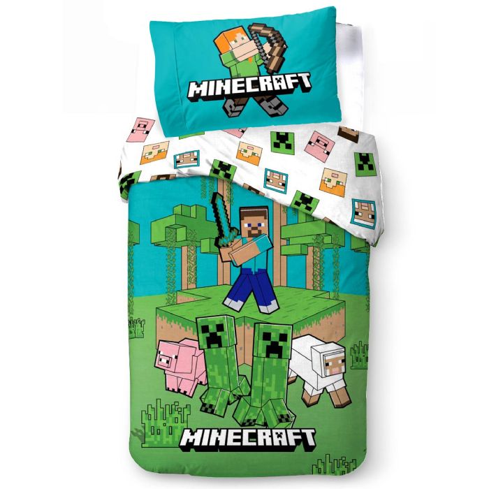 Minecraft Sengetøj Vendbart Design Med Motiv Af Creeper Og Pigs Jungle Explore 140x200 Cm 100 Bomulds Sengelinned