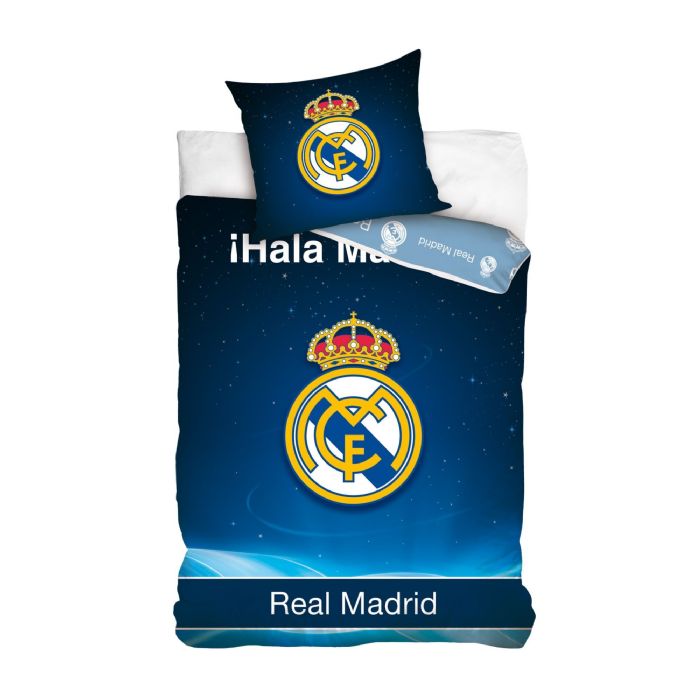 Real Madrid Sengetøj Blåt Vendbart Sengesæt Med Logo Og Tekst Hala Madrid 140x200 Cm 100  Bomulds Sengelinned Fodbold Sengetøj