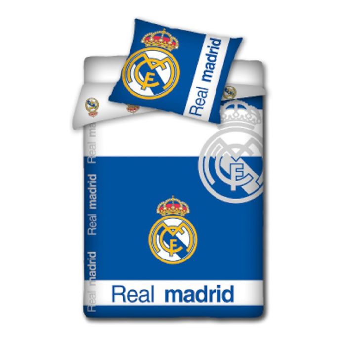 Real Madrid Sengetøj Vendbart Sengesæt Med Logo Og Tekst 140x200 Cm 100  Bomulds Sengelinned Fodbold Sengetøj