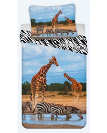 Sengetøj 140x200 Cm Savannens Dyr Giraffer Og Zebraer På Savannen Vendbart Sengesæt 100  Bomuld Børne Sengetøj