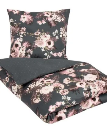 Sengetøj 150x210 Cm Vendbart Design   100  Bomuldssatin Flowers   Dots Grågrøn Sengesæt Fra By Night