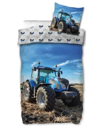 Traktor Sengetøj 140x200 Cm Vendbart Sengesæt Med Blå Traktor 100  Bomuld Flot Børnesengetøj