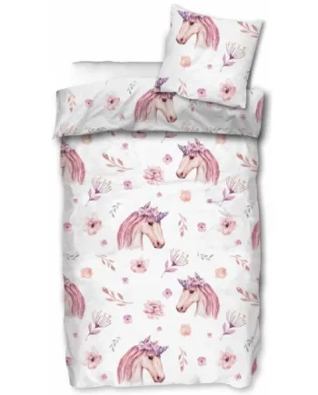 Junior Sengetøj 100x140 Cm Enhjørning Med Blomster       Design 100  Bomuld Børne Sengesæt