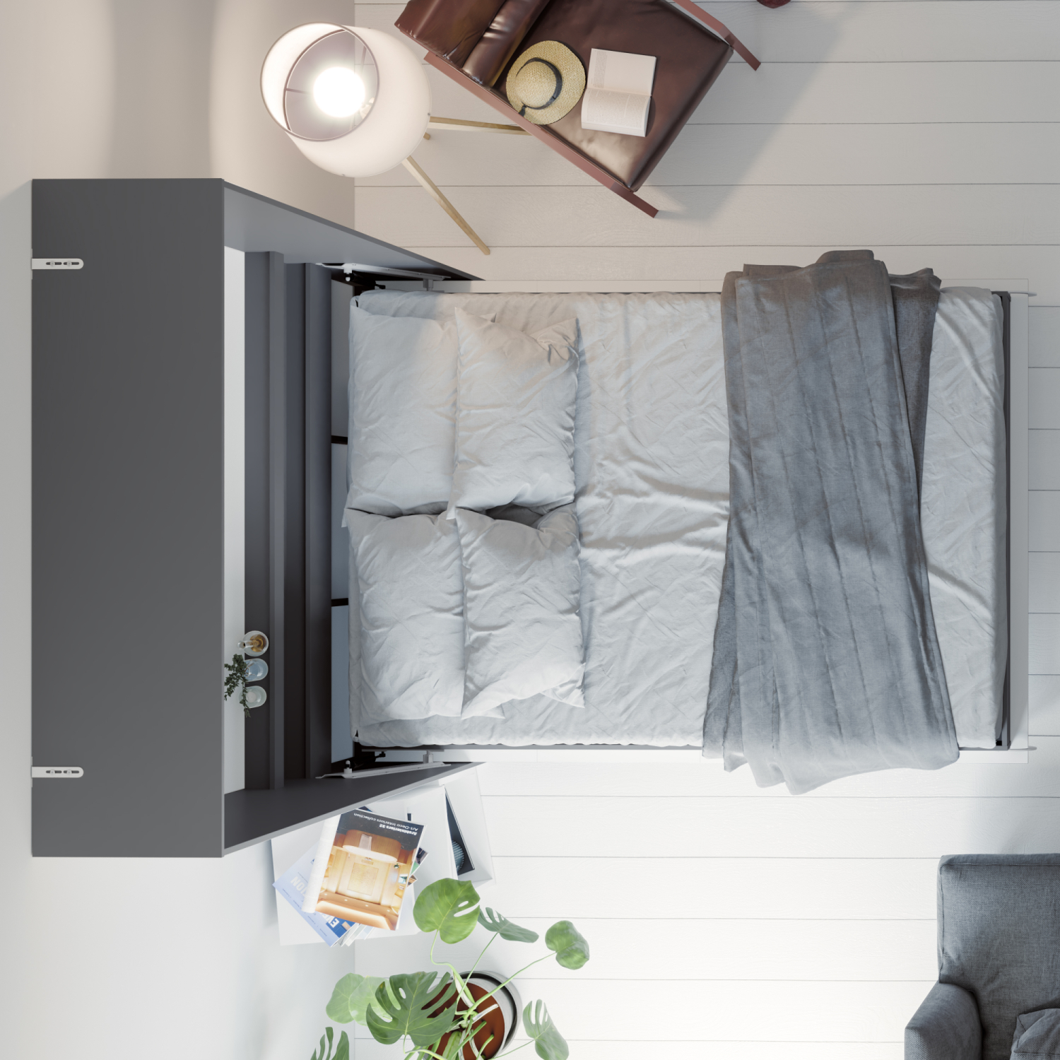 Nordic Skabsseng  Høj Model 140x200 Cm Farve Skab: Antracit  Front: Hvid Højglans