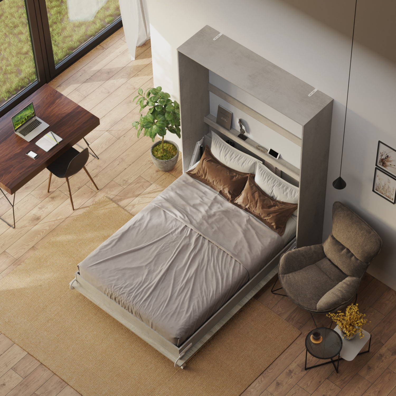 Nordic Skabsseng  Høj Model 140x200 Cm Farve Skab: Beton  Front: Eg Sonoma