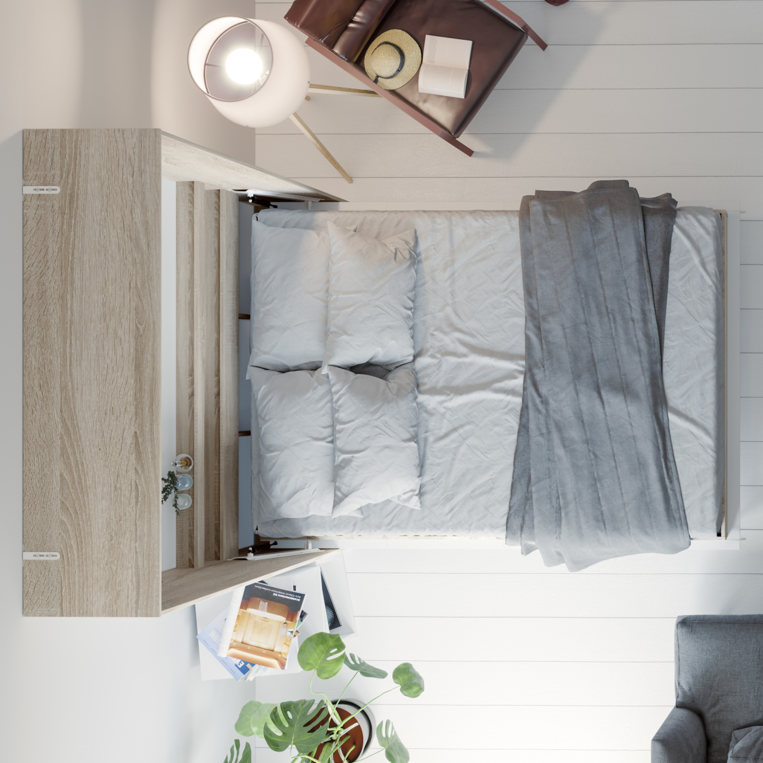 Nordic Skabsseng  Høj Model 140x200 Cm Farve Skab: Eg Sonoma  Front: Hvid