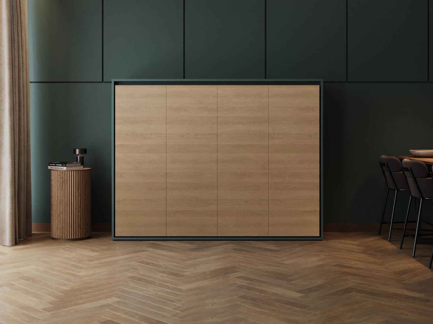 M2 Skabsseng Lav Model 160x200cm Farve Skab: Grøn Front: Kejser Eg