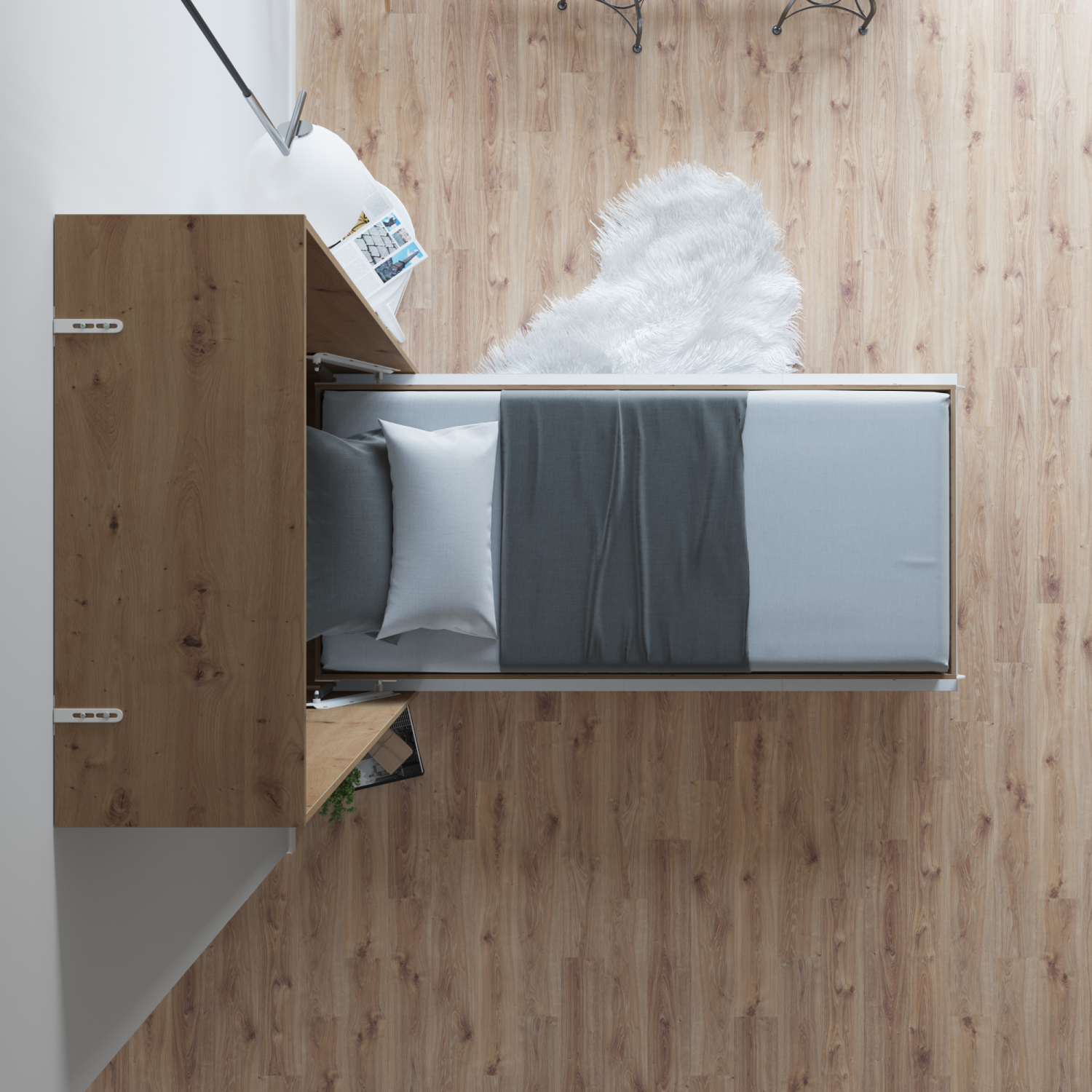 Nordic Skabsseng Høj Model 90x200 Cm Farve Skab: Vild Eg Front: Hvid Højglans