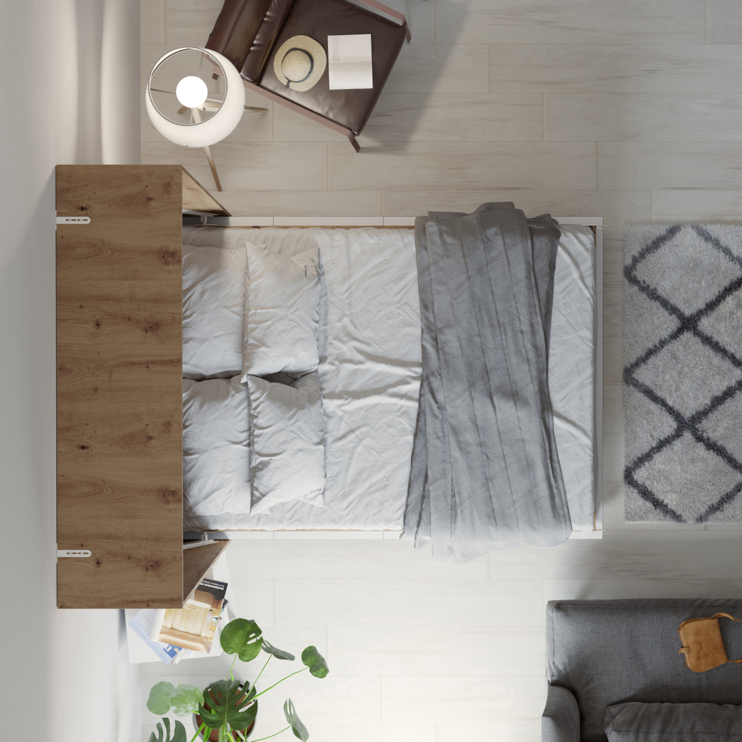 Nordic Skabsseng  Høj Model 140x200 Cm Farve Skab: Vild Eg  Front: Hvid
